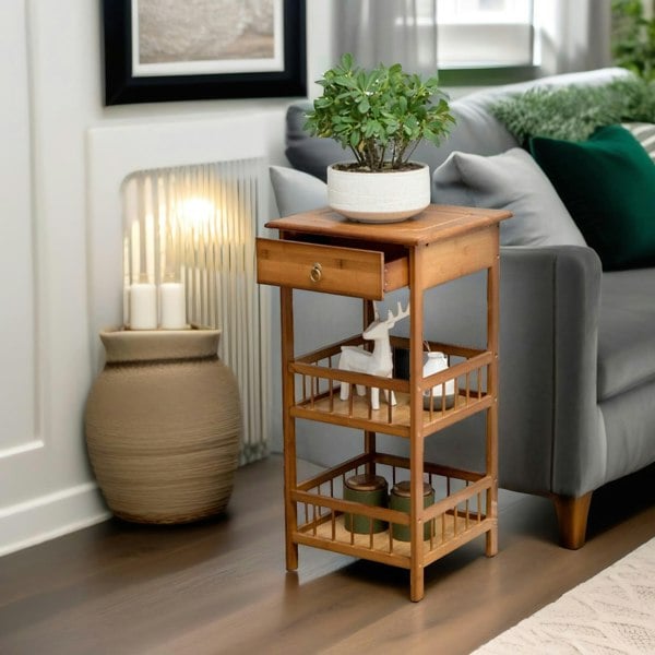 Rafaelo Mobilia 3 Tier Bamboo Tall Side Table With Drawer