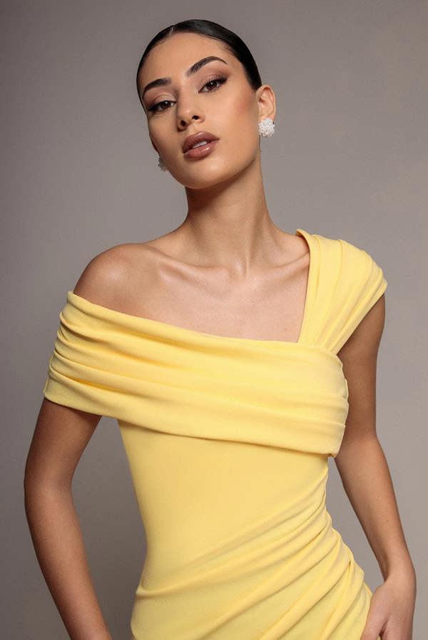 One Shoulder Asymmetric Scuba Crepe Maxi Dress - Butter Yellow DR3231