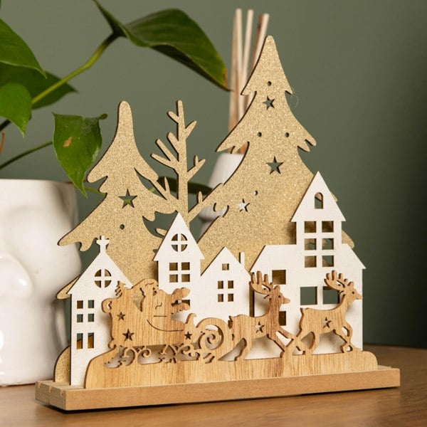 Samuel Alexander 20cm Battery Operated Light up Wooden Village with Santa in Sleigh and Warm White LEDs