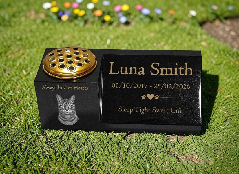 Memorials Direct Cat Memorial Granite Photo Vase & Plaque Combination