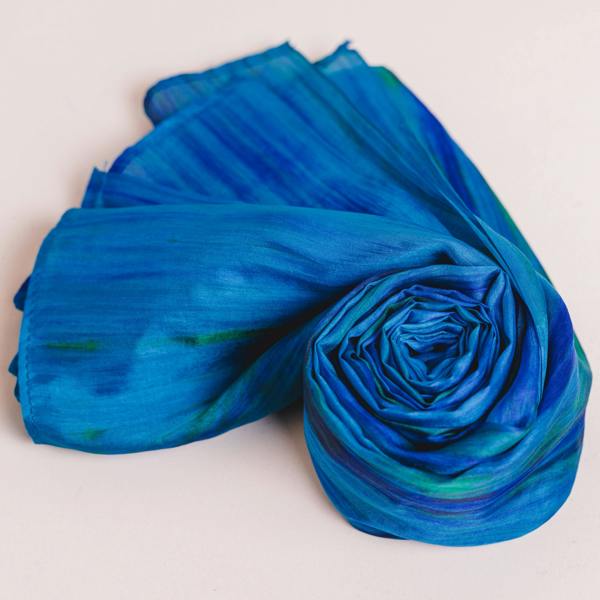 Peacock Blue Brushstroke Silk Scarf – Hand-Dyed Mulberry Silk, Statement & Evening Wrap