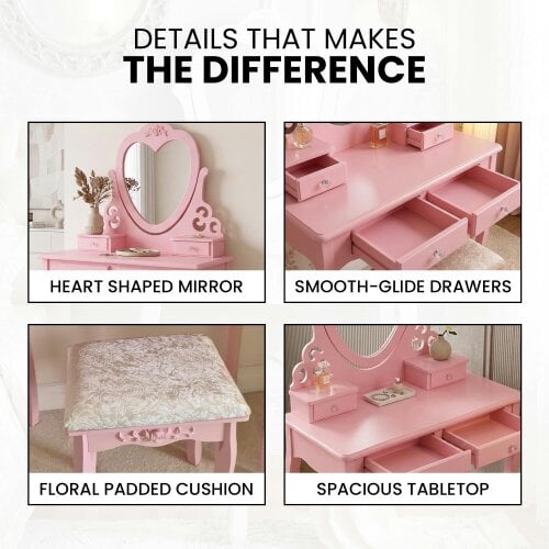 Kosy Koala Pink Heart Dressing Table Makeup Desk Vanity Set White Mirror Drawers Stool