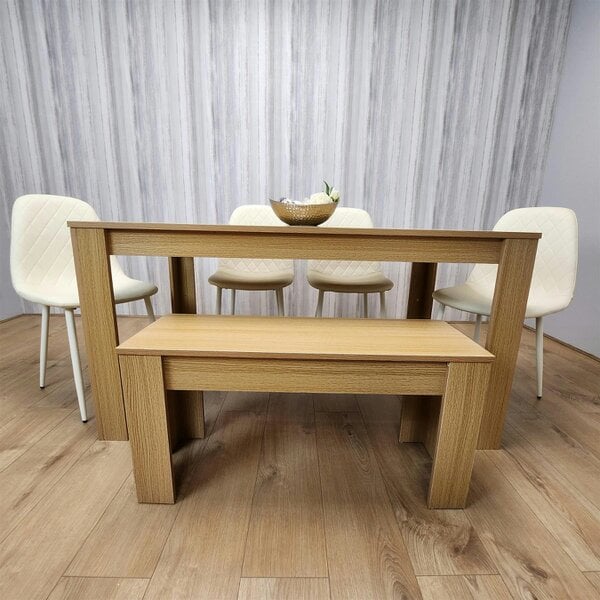 Kosy Koala Wooden Dining Table Set for 6 Oak Effect Table With 4 Cream Gem Patterned  Chairs and 1 Bench