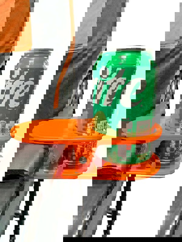 Image of orange table drink clip with a can and attached to a camping chair arm