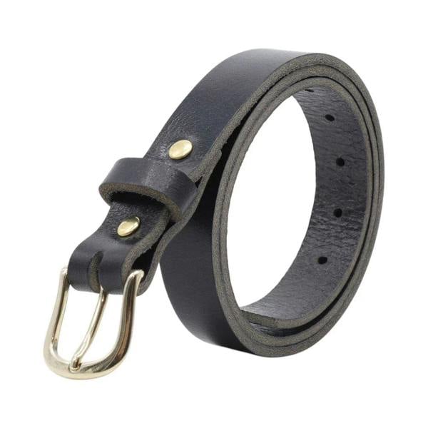 Black leather belt with brass buckle on a white background