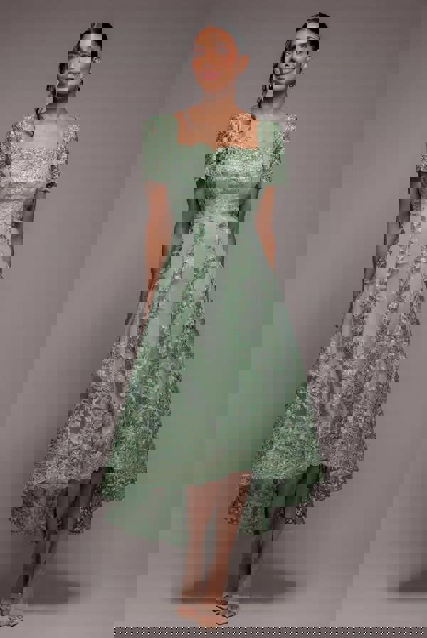 Scalloped Neck Embroidered Lace High Low Midi Dress - Sage Green DR4265