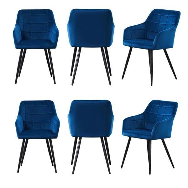 Life Interiors Set of 6 Camden Modern Velvet Dining Chairs with Armrests, Quilted Design & Black Metal Legs