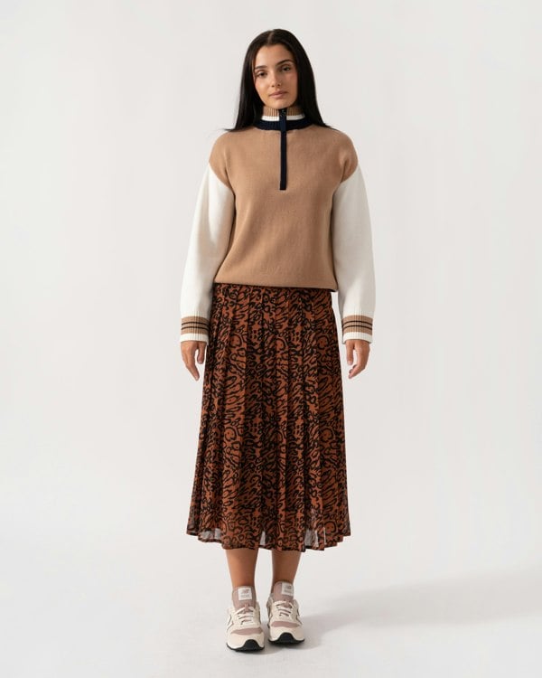 Calvin Klein Leopard Georgette Pleated Womens Skirt - CHO - Designer Womens Skirts