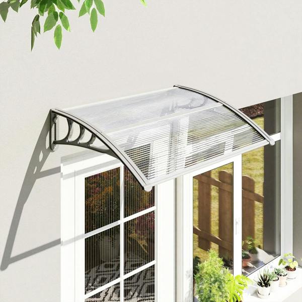 Clear arched front door rain shelter awning with metal frame and ridged transparent panel