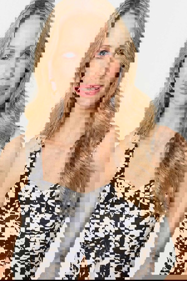 Black | Floral Sleeveless Split Front Crop Top
