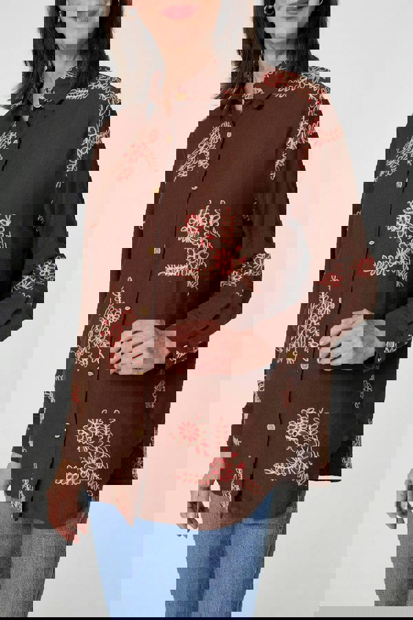 Brown | Floral Stitch Detail Long Sleeve Shirt
