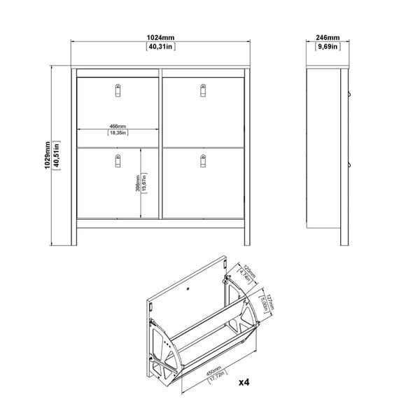 Wyld Haus Gossmere White Wooden Square Shoe Cabinet 4 Flip Down Doors Silver Handles