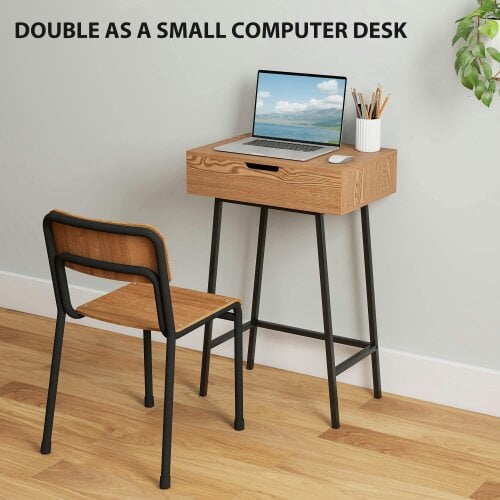 Wyld Haus Fino Leri Natural Wood Industrial Vanity Desk With Flip Up Mirror And 6teen Storage Compartments