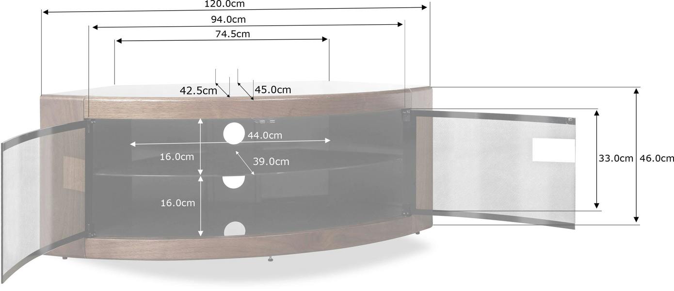 Homeology PANGEA Black with Walnut Veneer Beam-Thru Glass Door Curved Unit Tru-Corner 32"-50" TV Cabinet