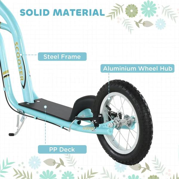 Turquoise kids stunt scooter frame and deck materials with front wheel detail.