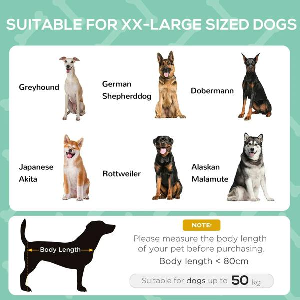 XX-large dog size guide infographic for pet cot, with silhouettes and body-length note
