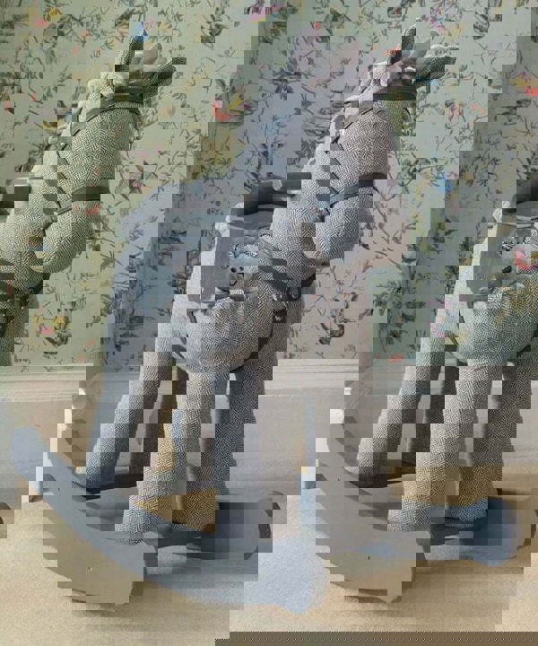 Beautiful grey Stirling & Mac babys rocking horse in grey herringbone fabric and matching leatherette bridle and saddle