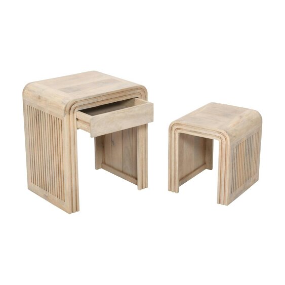 Wyld Haus Set of 2 Arizona Carved Mango Wood Nesting Tables with Drawer