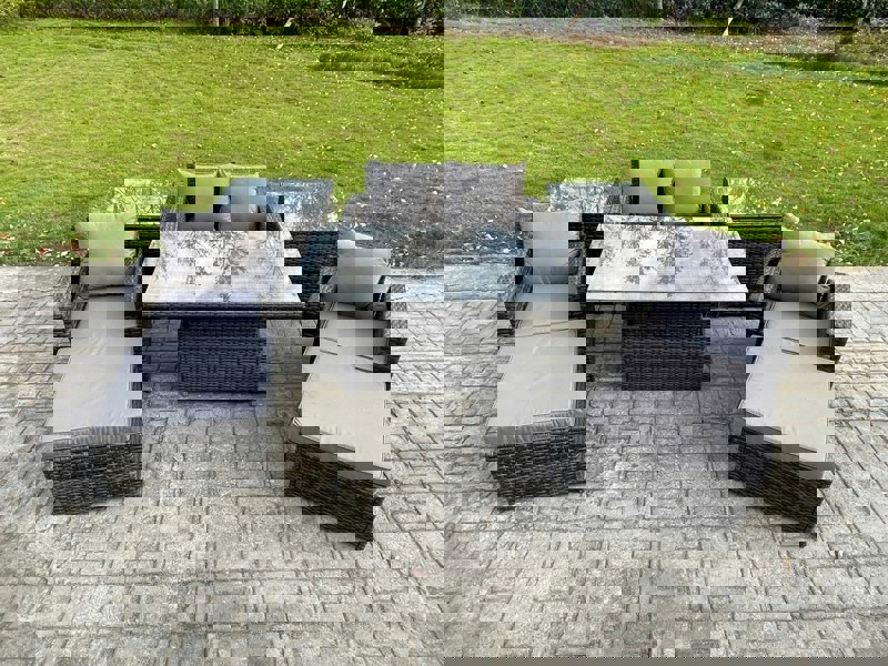 Fimous High Back Rattan Garden Furniture Sofa Sets with Height Adjustable Rising Lifting Table 2 Side Tables 2 Big Footstool Dark Grey Mixed