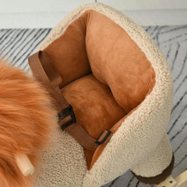 Lion kids rocking horse seat interior with brown safety belt and soft padded upholstery