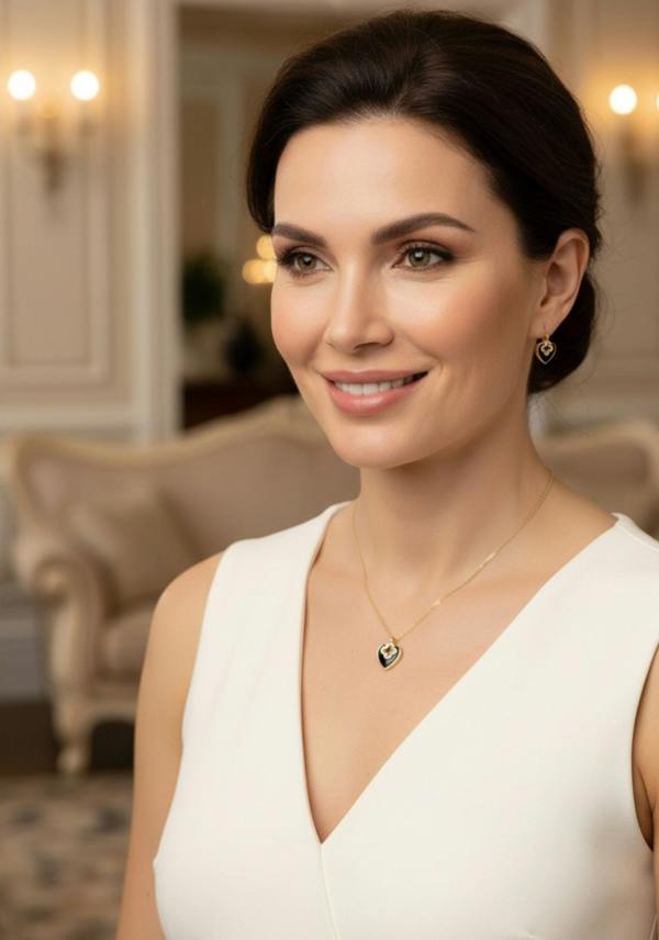 Woman wearing a necklace with a heart pendant in an elegant indoor setting