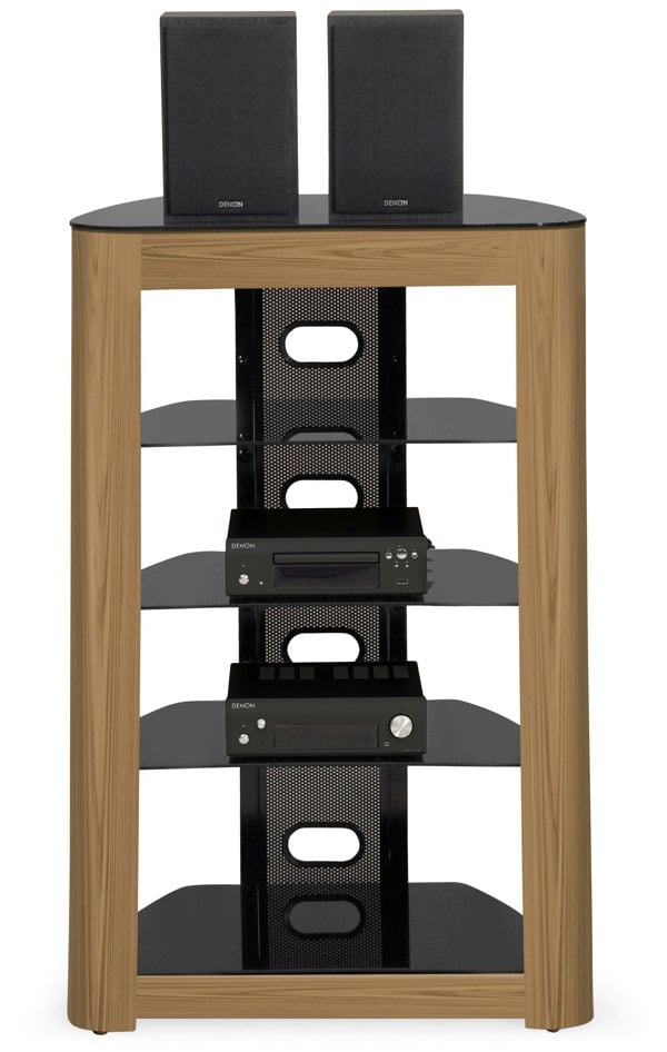 Centurion Supports Zinnia Black with Oak Fascia 5-Shelf Flat Screen TV, Hi-Fi, AV Rack, Media Stand, Entertainment Unit