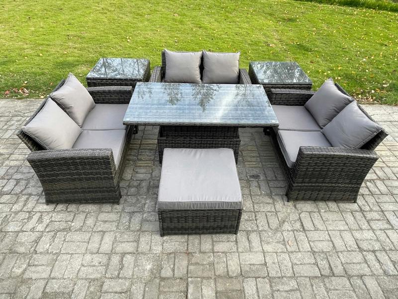 Fimous 7 Pieces Outdoor Set, Wicker PE Rattan, Rising Table, Double Seat Sofa, 2 Side Tables and Big Footstool, Dark Grey Mixed