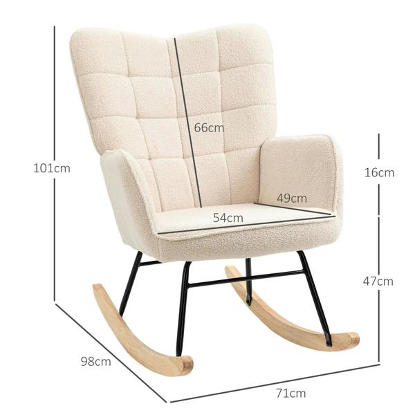Beige wingback rocking chair with cushioned seat and curved wooden rocker base