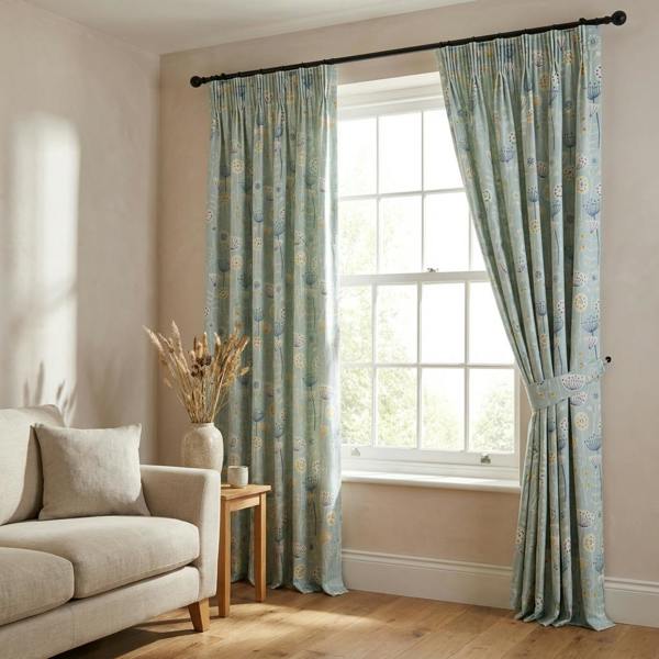 Bergen made-to-measure curtains in Seafoam, styled in a living room