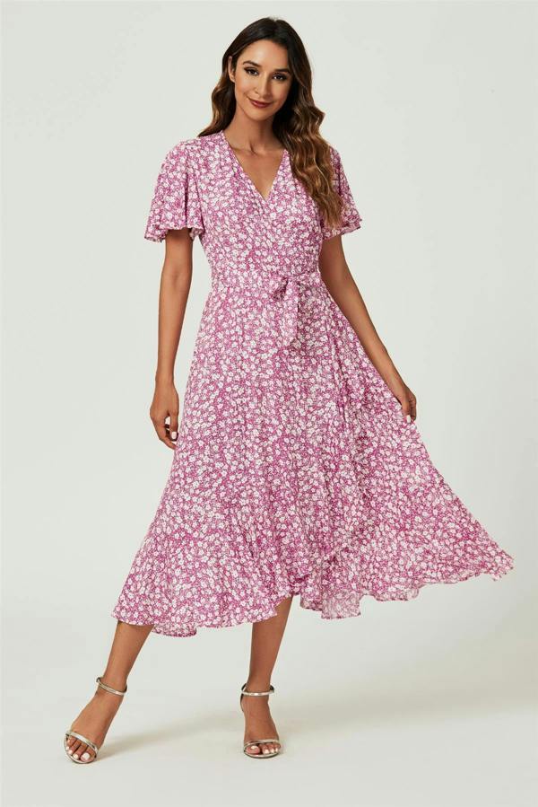 FS Collection Floral Print Midi Wrap Dress In Pink