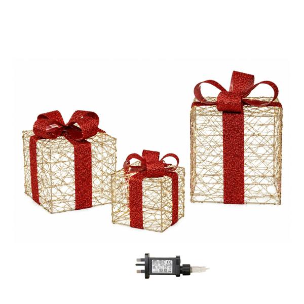 Samuel Alexander Set of 3 Gold Light Up Christmas Parcel Decorations with 90 Warm White LEDs