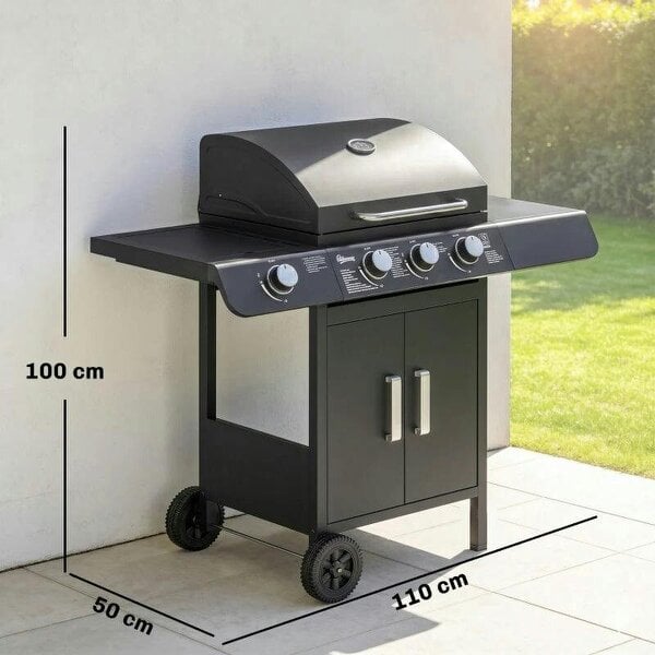 Bobobiy 3+1 Burner Gas BBQ Grill, Outdoor Barbecue Trolley with Wheels, Warming Rack, Side Shelves, Cabinet, Thermometer, 110W x 50D x 100Hcm, Black