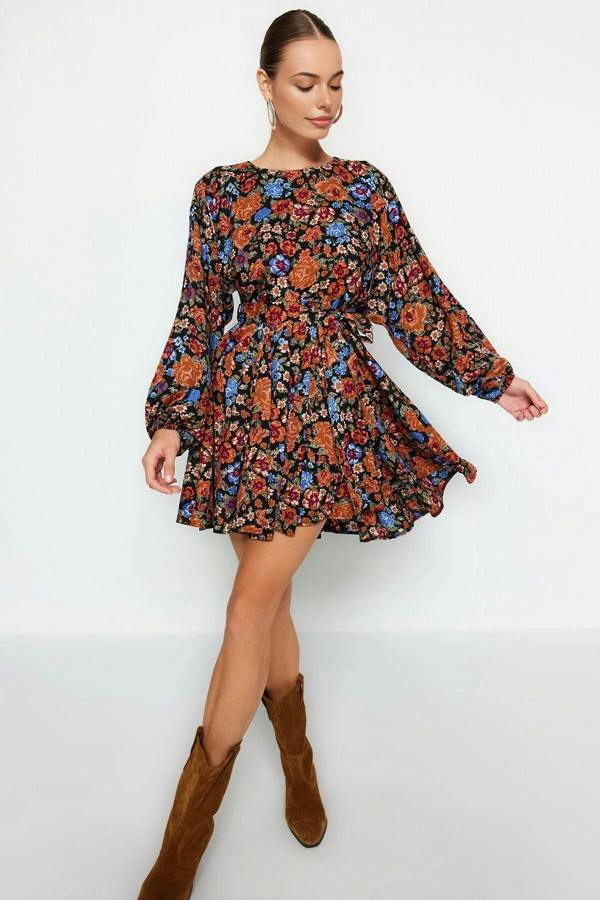WOVCOR Belted Skirt Ruffled Boho Viscose Woven Dress