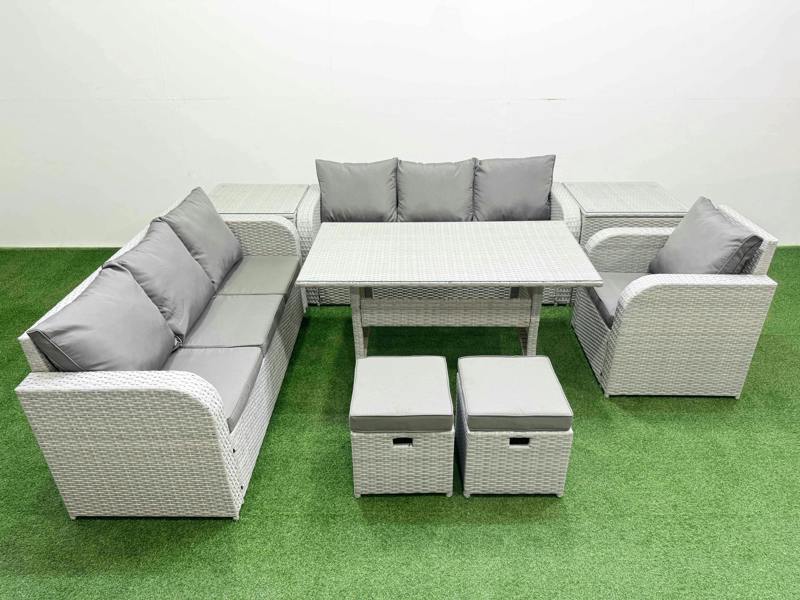 Fimous 9 Seater Poly Rattan Garden Furniture Patio Set, Dining Table, 3 Seater Sofa, Reclining Chair, 3 Seater Sofa, Stools, 2 Side Table, Light Grey