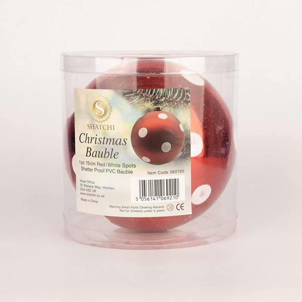 Shatchi 15cm Christmas Baubles, Shatterproof Red and White Polka Dot Tree Decorations, Pack of 3