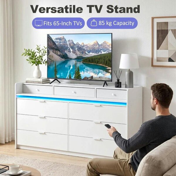 Chest of Drawers for Bedroom with LED Light & Charging Station, 9 Drawers Storage Unit/TV Stand, White