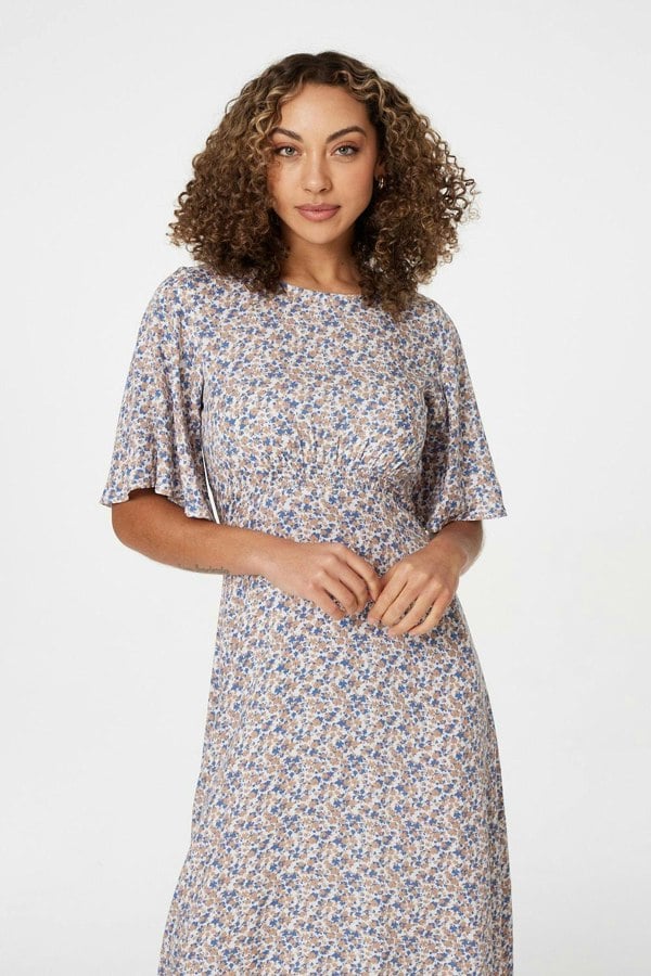 Blue | Floral Angel Sleeved Midi Dress