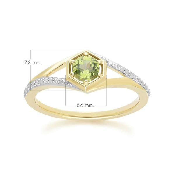 Gemondo Geometric Hexagon with Prong set Round Peridot and Diamond Ring in 9ct Yellow Gold