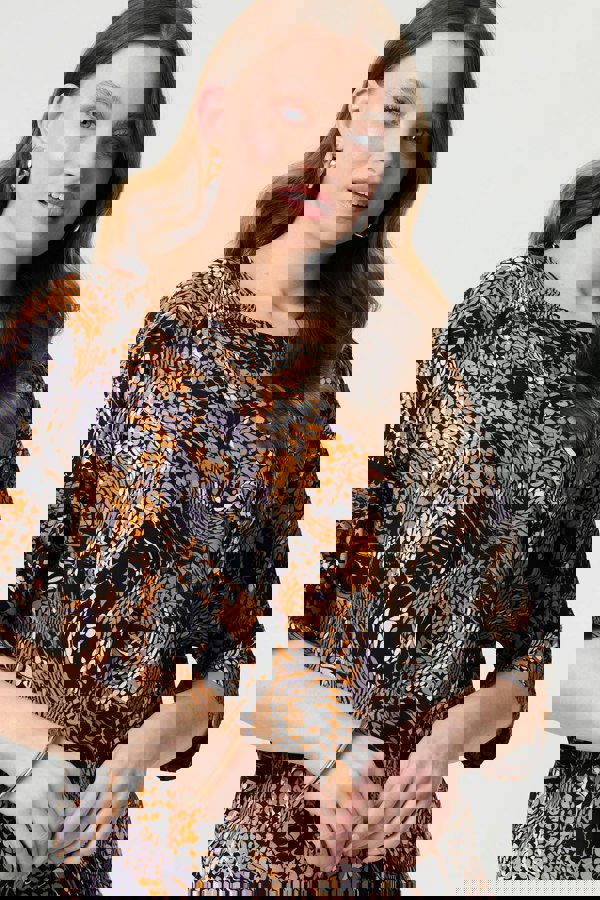 Black | Animal Print 3/4 Sleeve Relaxed Top