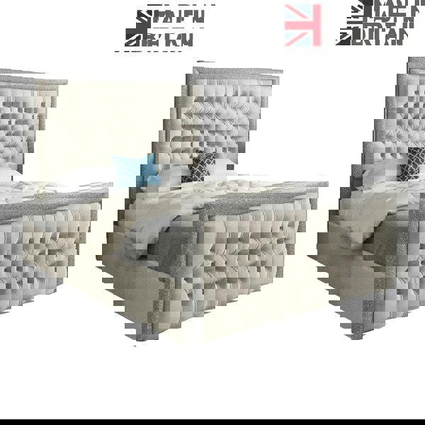 Casa Magna Venice Glitter Border Upholstered Soft Velvet Bed Frame - Cream