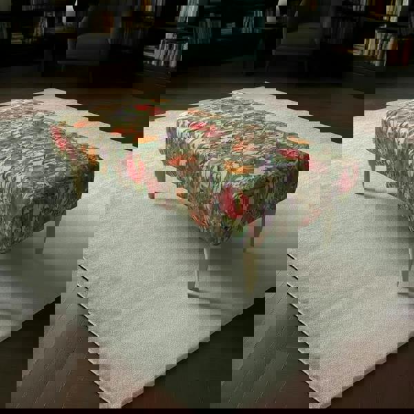 Contemporary hallway bench seat with multi-toned designer fabric and wooden legs