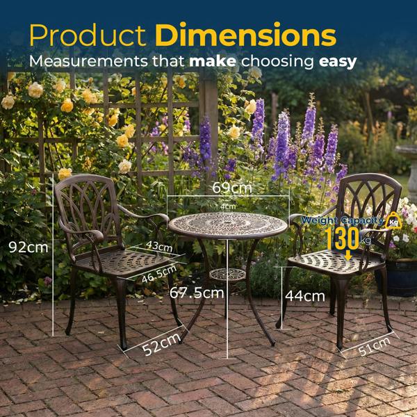 Homeology POSITANO Garden and Patio Table and 2 Large Chairs with Armrests Cast Aluminium Bistro Set - Black