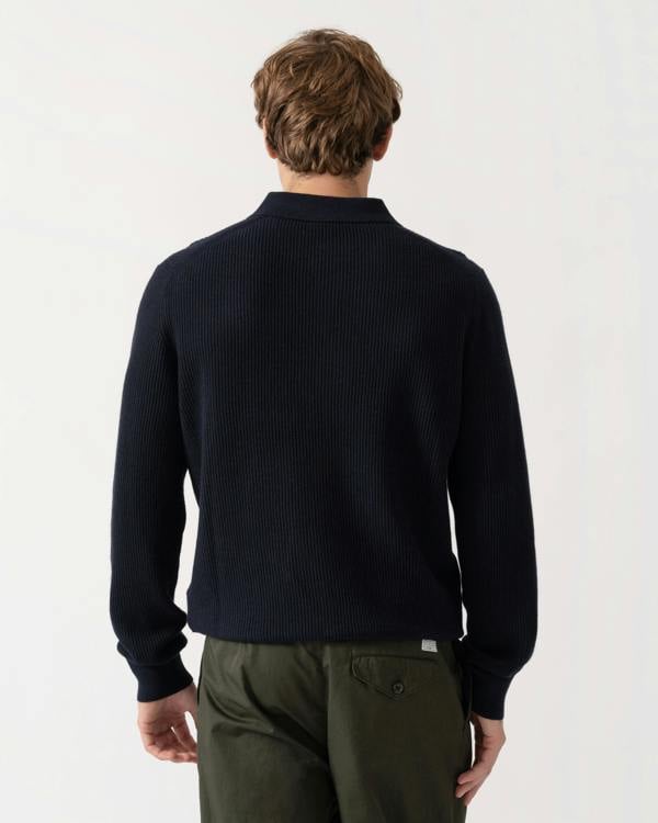 Back of BOSS Orange Afedro Mens Long Sleeve Knit Polo Shirt - Dark Blue 404