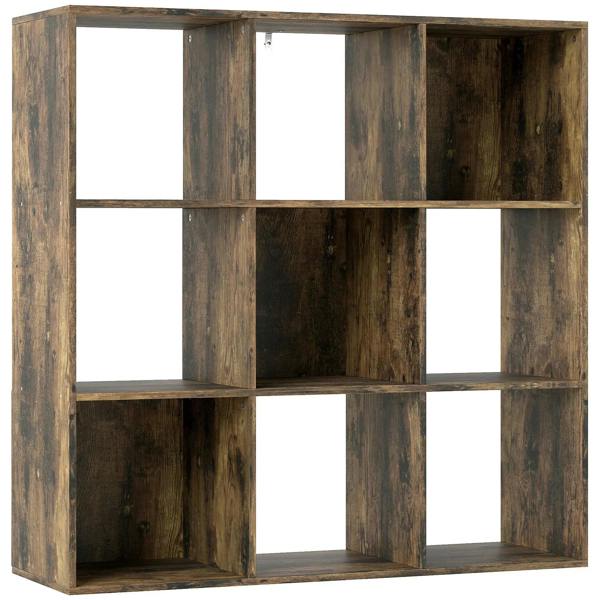 Rustic brown nine-cube storage shelf with 9 open square compartments