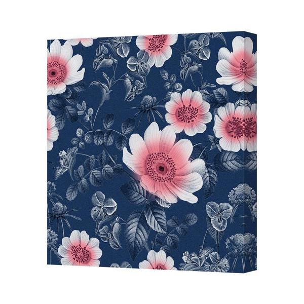 Benjamin Tate Design Floral Navy Blue Canvas Art Print Pink Flowers On Deep Wooden Frame