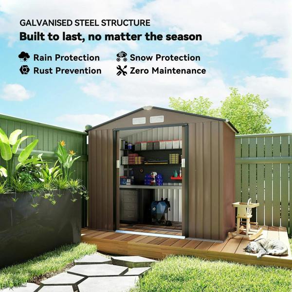 Brown metal garden shed with open double doors and visible interior shelves and tools