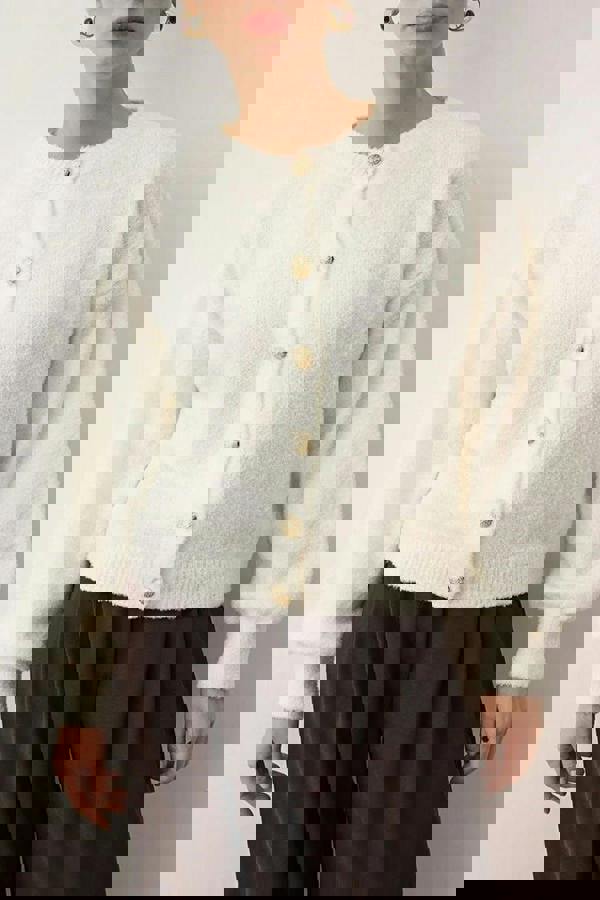 WOVCOR Soft-Textured Knit Cardigan with Button Detail and Balloon Sleeves