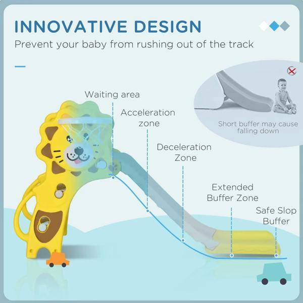 Yellow lion slide track with safety buffer zones diagram and support post