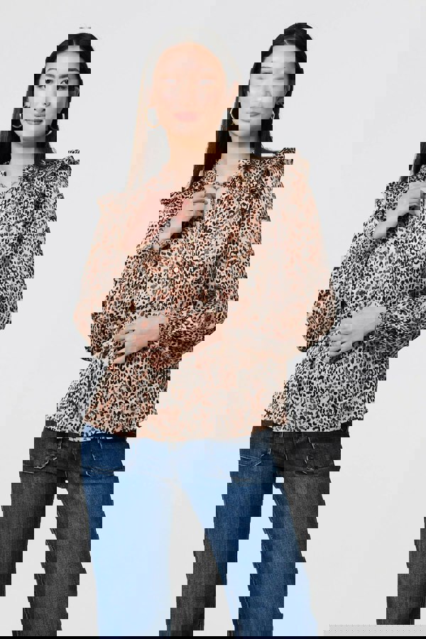 Beige | Animal Print Tie-Up Keyhole Neck Blouse
