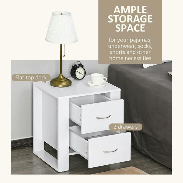 White bedside table with two drawers, open shelving, and curved metal drawer pulls
